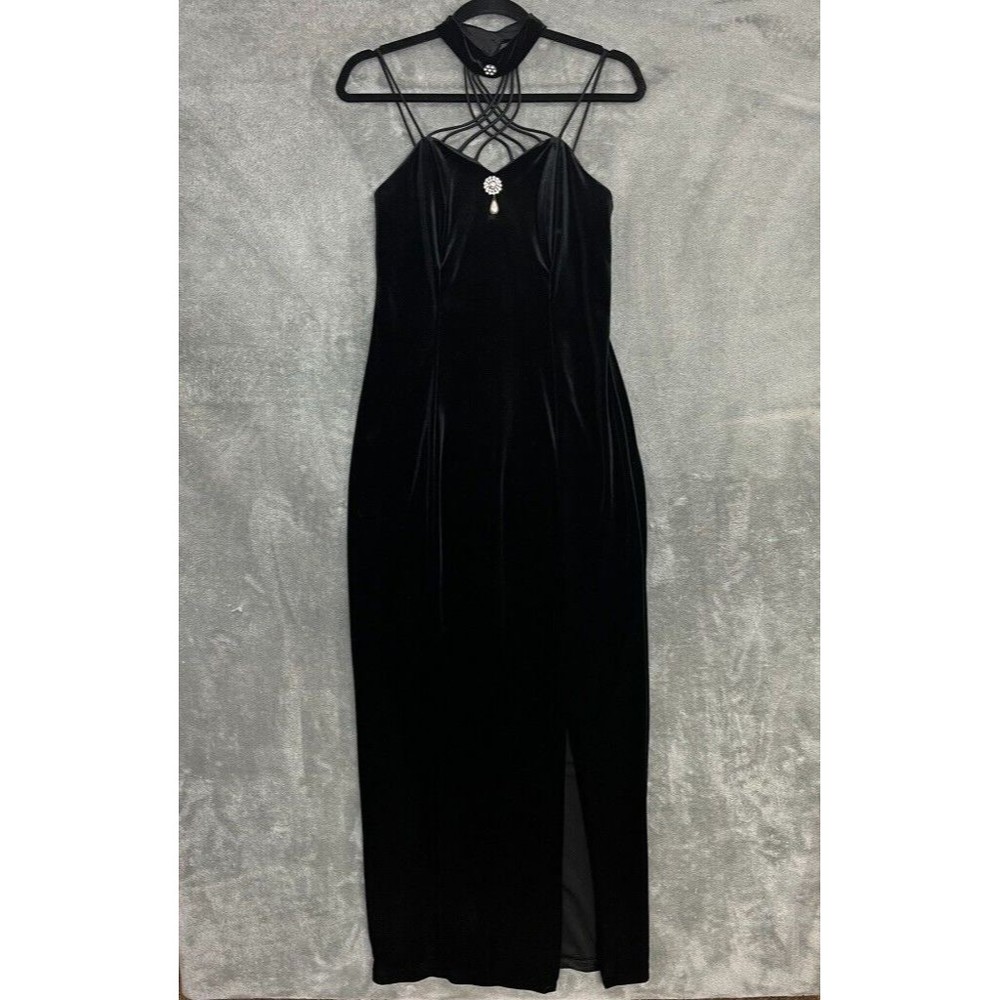 VTG Black Velvet Long Maxi Dress Gown Strappy Pearl Drop Rhinestone Choker Sz M